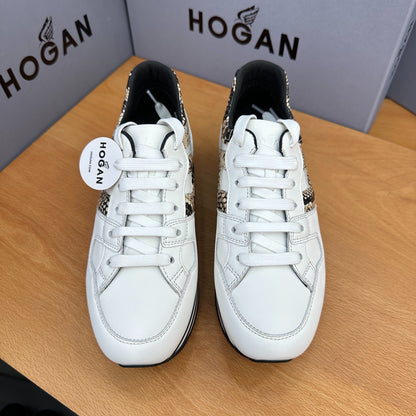 HOGAN White Snake Print Black Striped Stack Wedge Platform Sneakers
