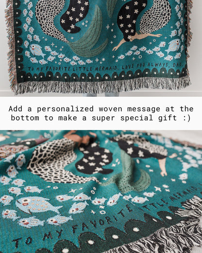 Mermaids Throw Blanket: Personalized Gift for Girl Boy Teen, Baby Shower, Woven Colourful Teal, Maximalist Ocean Animal Bedding Kawaii