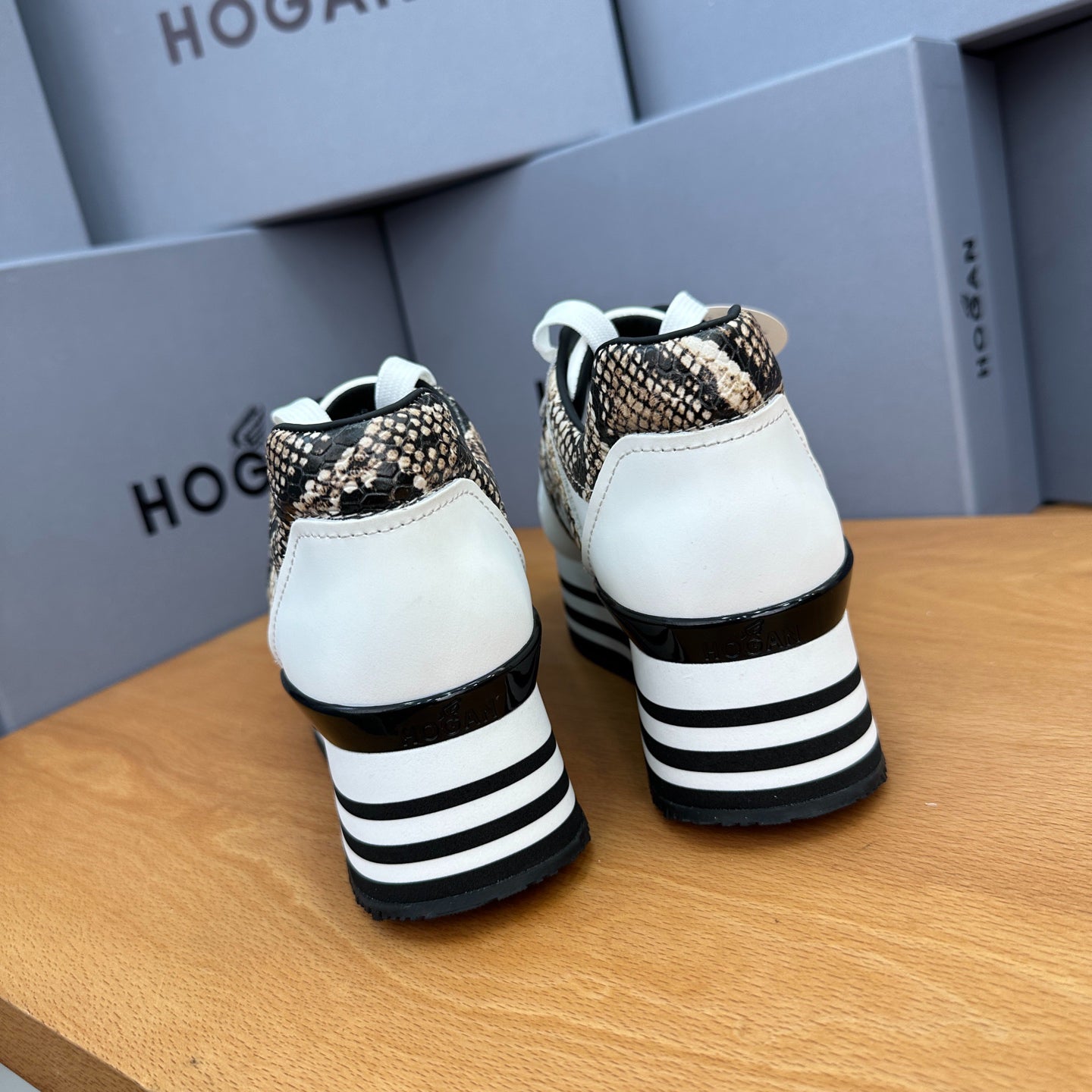 HOGAN White Snake Print Black Striped Stack Wedge Platform Sneakers