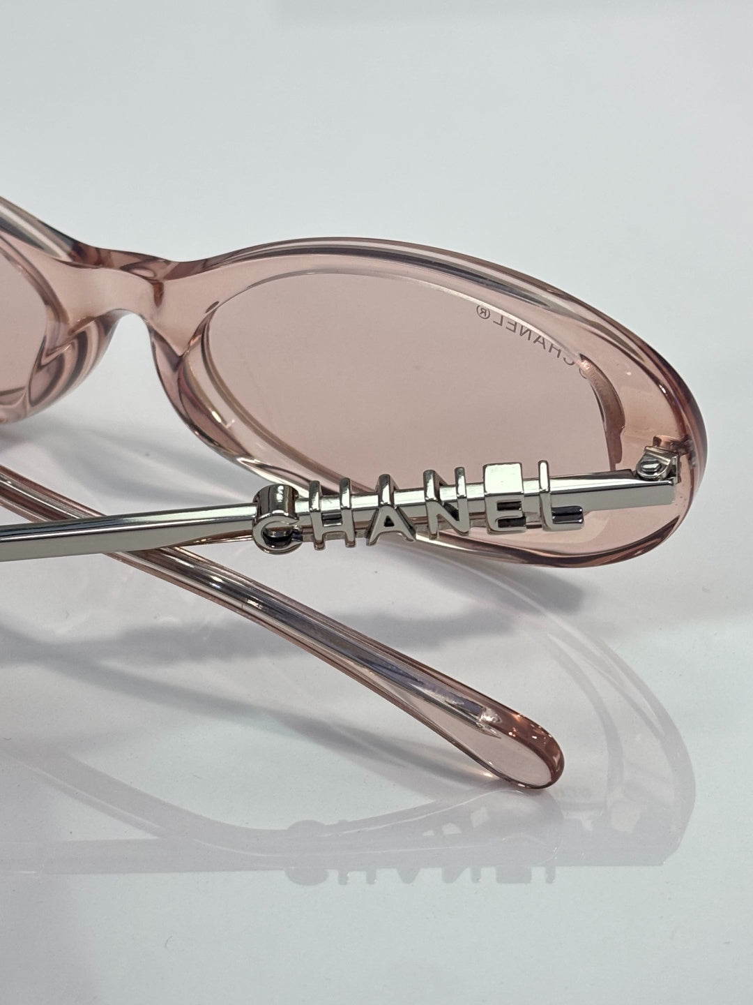 Chanel Transparent Light Gray Oval Sunglasses with Logo Letter Temples