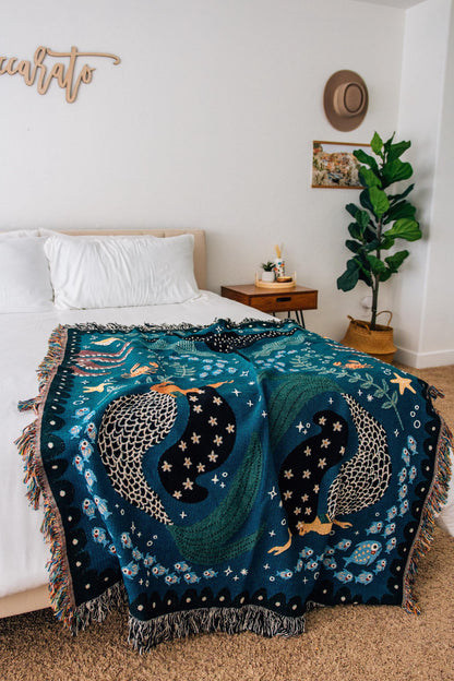 Mermaids Throw Blanket: Personalized Gift for Girl Boy Teen, Baby Shower, Woven Colourful Teal, Maximalist Ocean Animal Bedding Kawaii