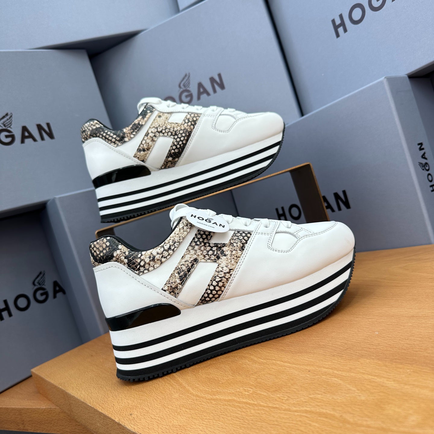 HOGAN White Snake Print Black Striped Stack Wedge Platform Sneakers