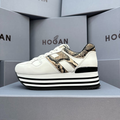 HOGAN White Snake Print Black Striped Stack Wedge Platform Sneakers
