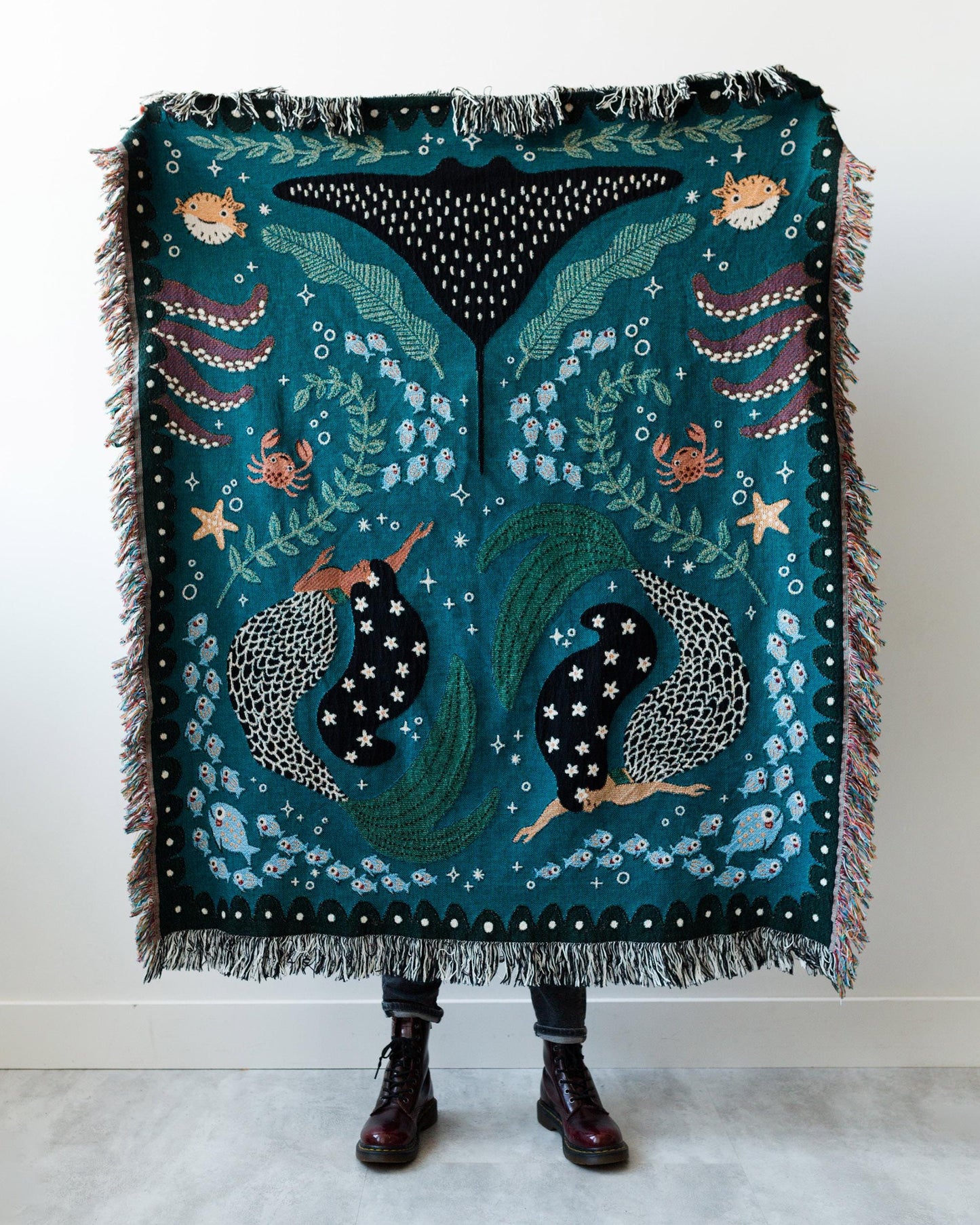 Mermaids Throw Blanket: Personalized Gift for Girl Boy Teen, Baby Shower, Woven Colourful Teal, Maximalist Ocean Animal Bedding Kawaii