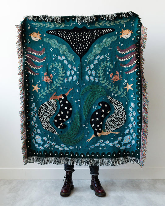 Mermaids Throw Blanket: Personalized Gift for Girl Boy Teen, Baby Shower, Woven Colourful Teal, Maximalist Ocean Animal Bedding Kawaii