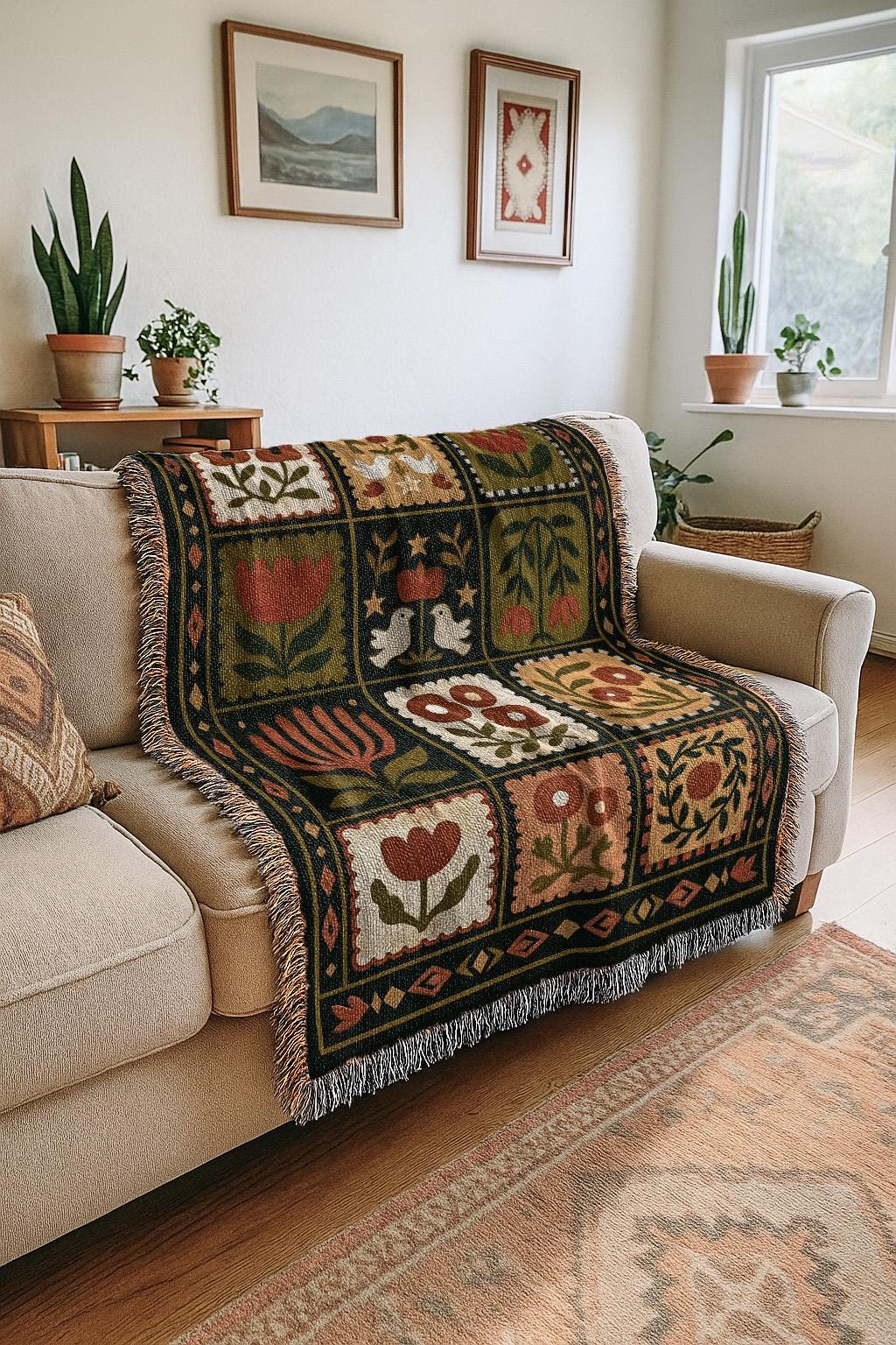 Retro Dark Floral Blanket | Country Folk Motif Throw Tapestry| Rustic Boho Preppy Vintage Farmhouse Home Decor Gift Woven Blanket