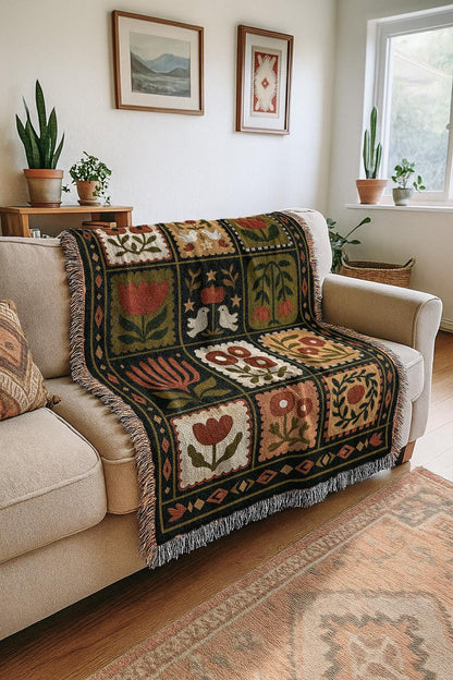 Retro Dark Floral Blanket | Country Folk Motif Throw Tapestry| Rustic Boho Preppy Vintage Farmhouse Home Decor Gift Woven Blanket