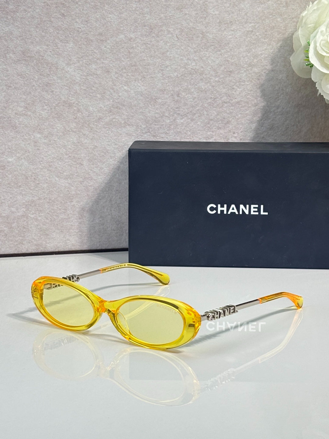 Chanel Transparent Light Gray Oval Sunglasses with Logo Letter Temples