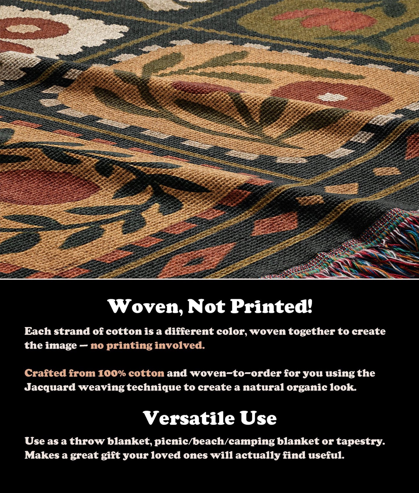 Retro Dark Floral Blanket | Country Folk Motif Throw Tapestry| Rustic Boho Preppy Vintage Farmhouse Home Decor Gift Woven Blanket