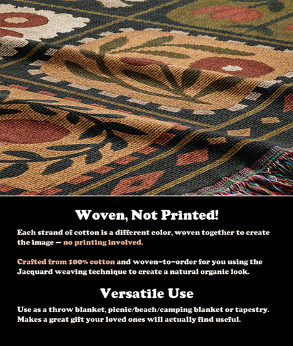 Retro Dark Floral Blanket | Country Folk Motif Throw Tapestry| Rustic Boho Preppy Vintage Farmhouse Home Decor Gift Woven Blanket