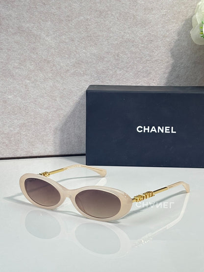 Chanel Transparent Light Gray Oval Sunglasses with Logo Letter Temples