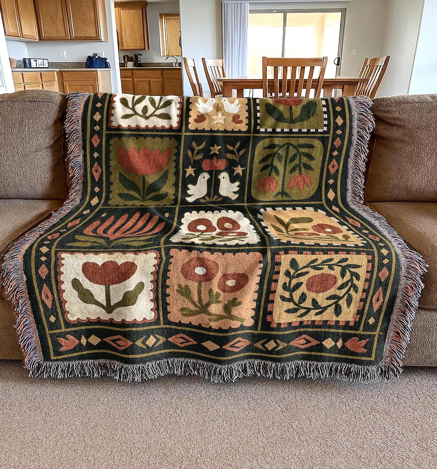 Retro Dark Floral Blanket | Country Folk Motif Throw Tapestry| Rustic Boho Preppy Vintage Farmhouse Home Decor Gift Woven Blanket