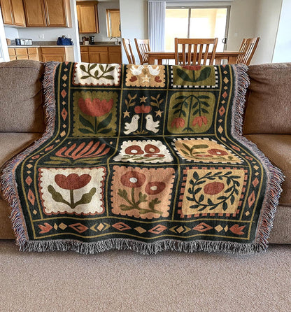Retro Dark Floral Blanket | Country Folk Motif Throw Tapestry| Rustic Boho Preppy Vintage Farmhouse Home Decor Gift Woven Blanket