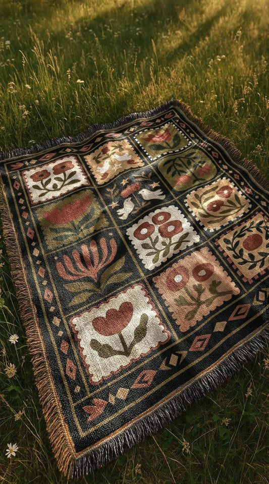 Retro Dark Floral Blanket | Country Folk Motif Throw Tapestry| Rustic Boho Preppy Vintage Farmhouse Home Decor Gift Woven Blanket