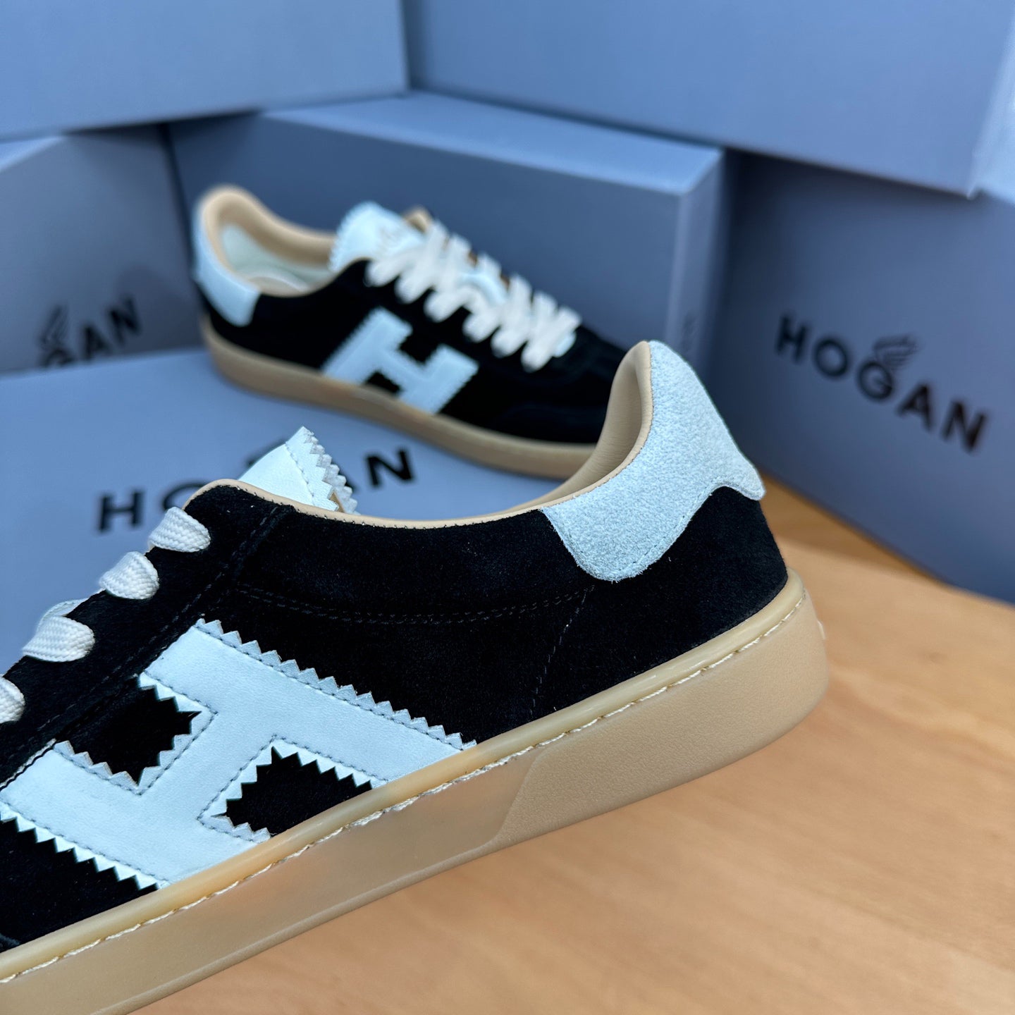 HOGAN Black Suede White H Logo Gum Sole Retro Casual Sneakers