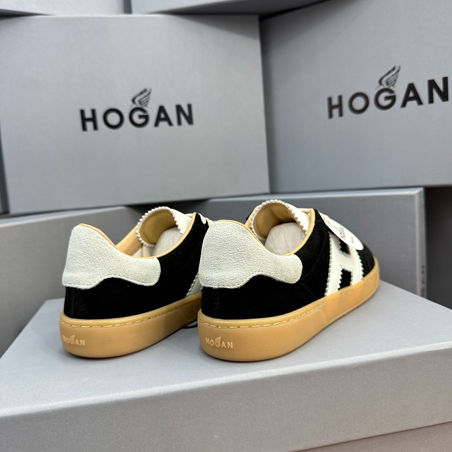 HOGAN Black Suede White H Logo Gum Sole Retro Casual Sneakers