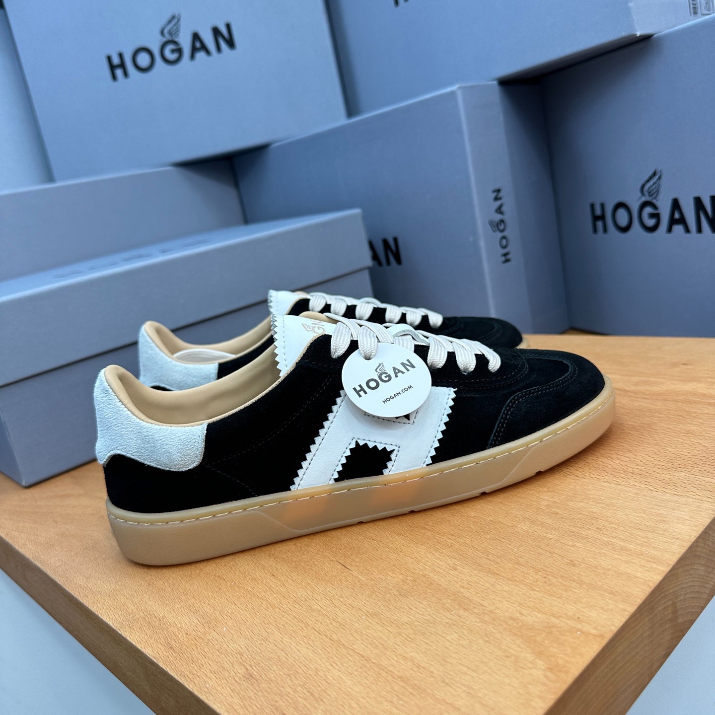 HOGAN Black Suede White H Logo Gum Sole Retro Casual Sneakers