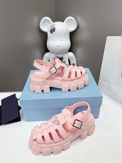 Women Baby Pink Platform Roman Fisherman Sandals Triangle Metal Logo Adjustable Ankle Buckle Casual Shoes