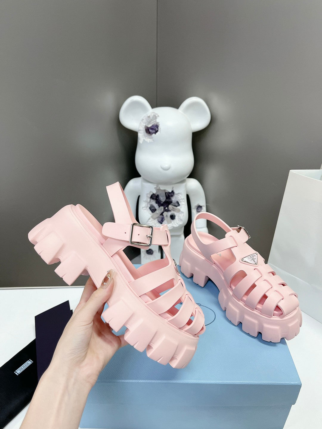 Women Baby Pink Platform Roman Fisherman Sandals Triangle Metal Logo Adjustable Ankle Buckle Casual Shoes