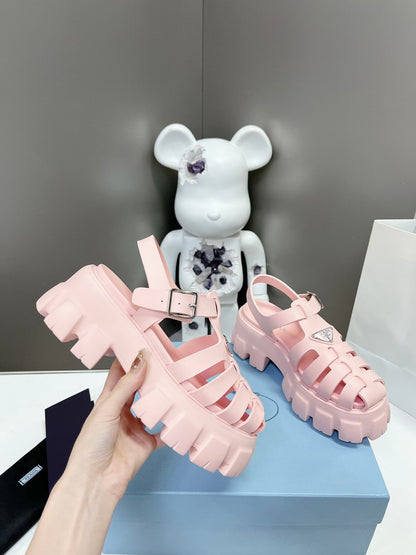 Women Baby Pink Platform Roman Fisherman Sandals Triangle Metal Logo Adjustable Ankle Buckle Casual Shoes