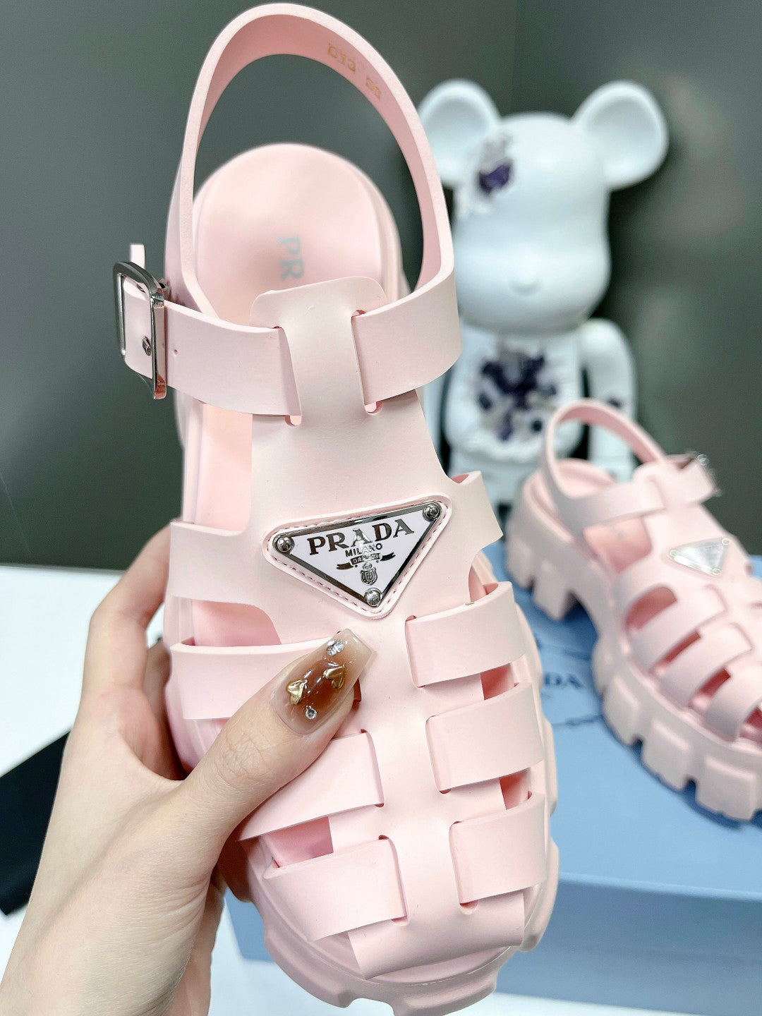 Women Baby Pink Platform Roman Fisherman Sandals Triangle Metal Logo Adjustable Ankle Buckle Casual Shoes