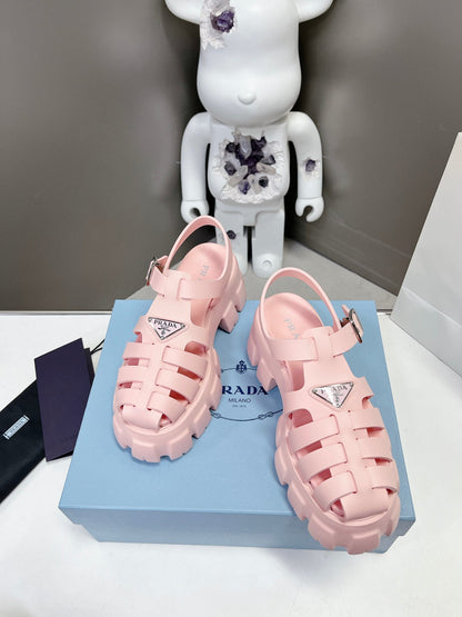Women Baby Pink Platform Roman Fisherman Sandals Triangle Metal Logo Adjustable Ankle Buckle Casual Shoes