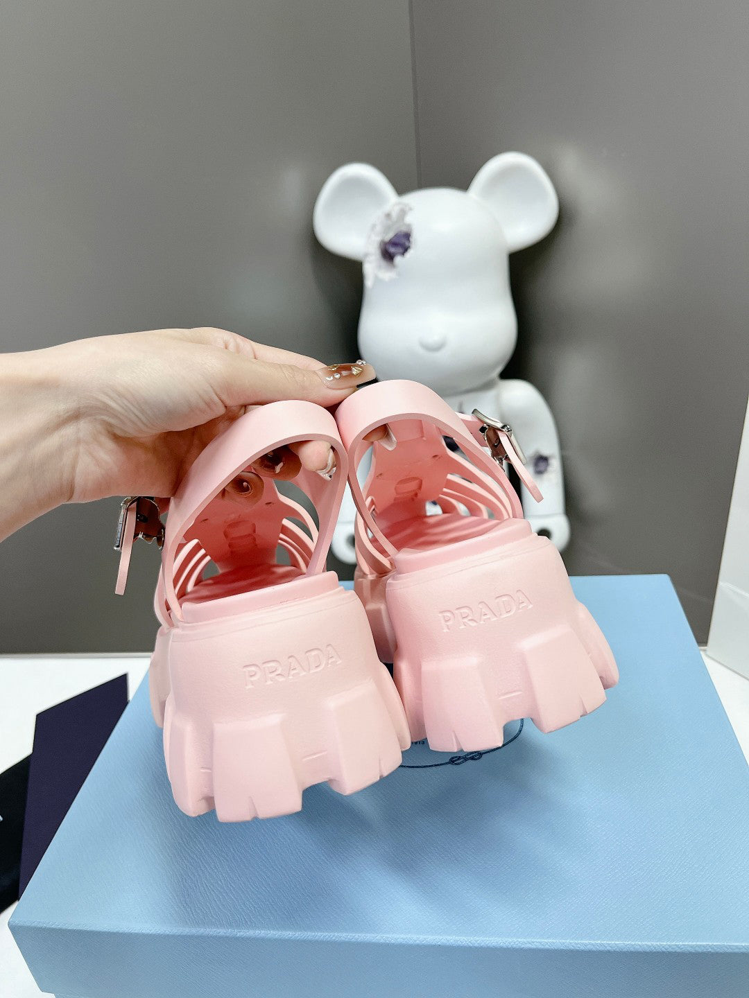 Women Baby Pink Platform Roman Fisherman Sandals Triangle Metal Logo Adjustable Ankle Buckle Casual Shoes