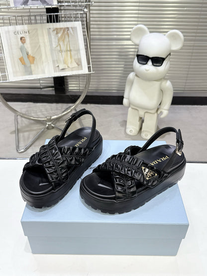 Women Black Ruched Cross Band Platform Sandals Prada Triangle Metal Logo Ankle Buckle Casual Shoes