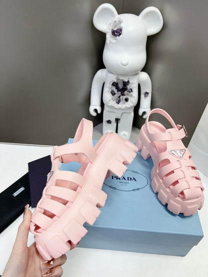 Women Baby Pink Platform Roman Fisherman Sandals Triangle Metal Logo Adjustable Ankle Buckle Casual Shoes