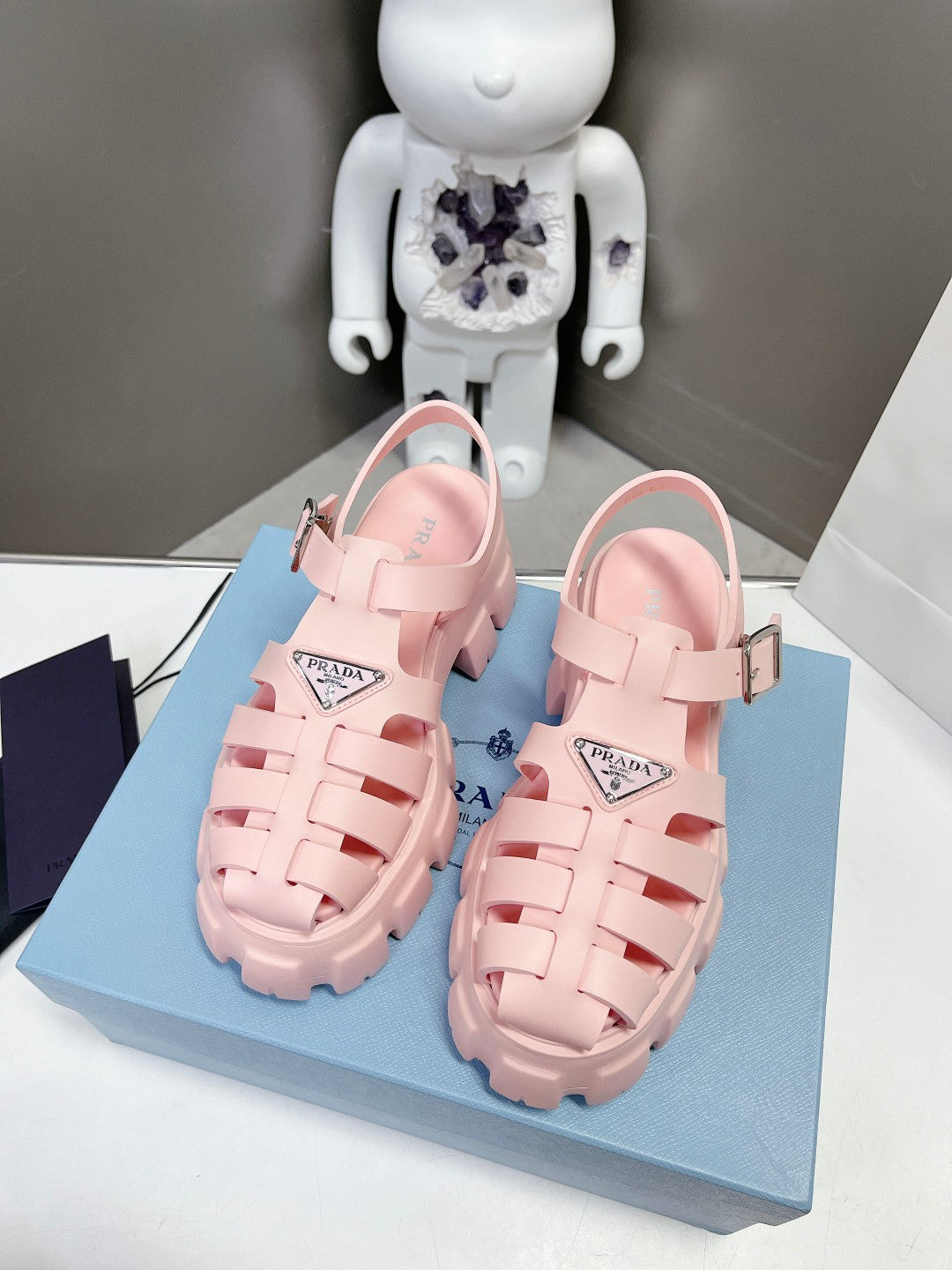 Women Baby Pink Platform Roman Fisherman Sandals Triangle Metal Logo Adjustable Ankle Buckle Casual Shoes