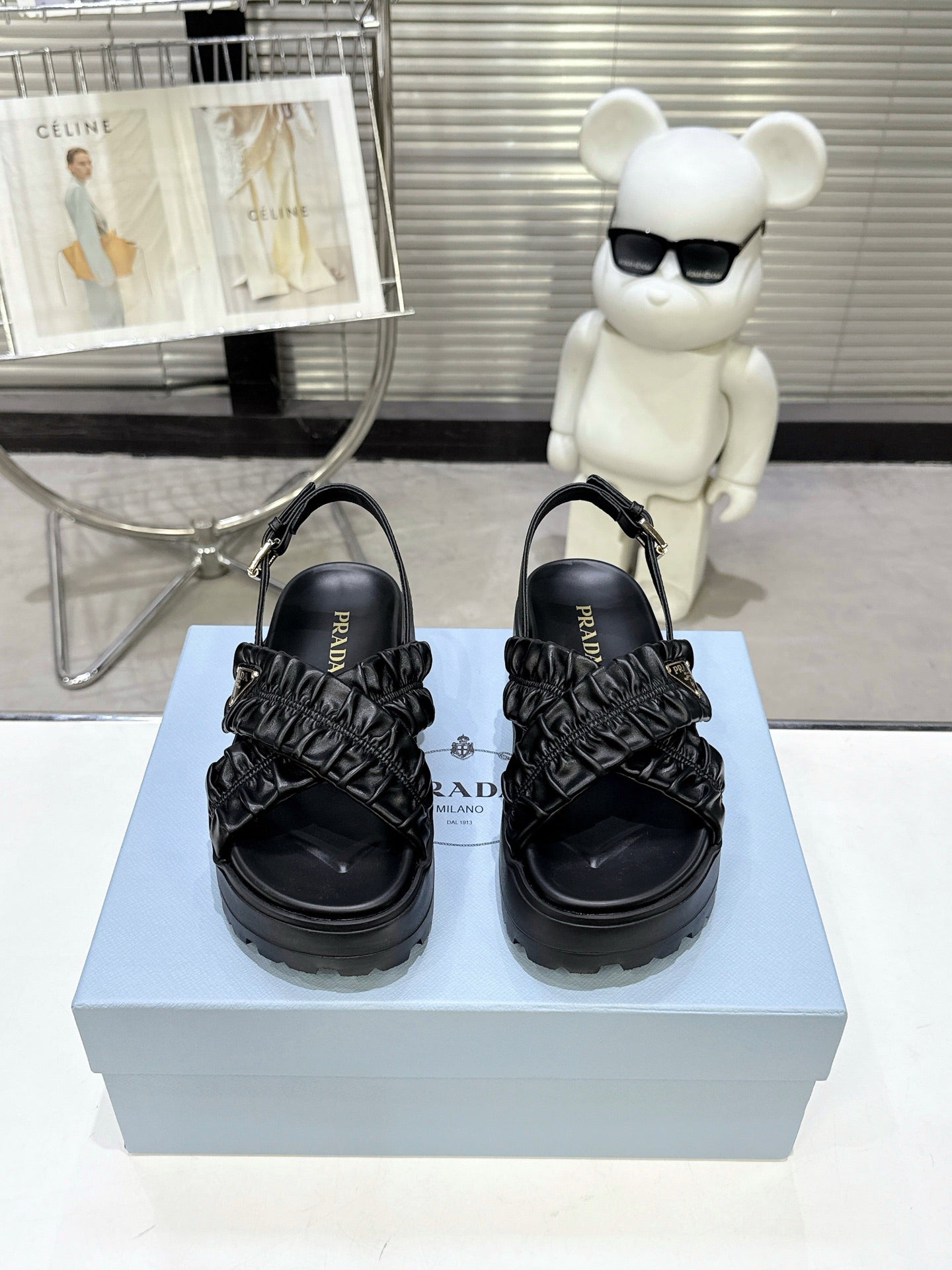 Women Black Ruched Cross Band Platform Sandals Prada Triangle Metal Logo Ankle Buckle Casual Shoes