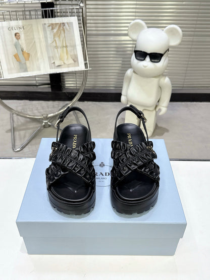 Women Black Ruched Cross Band Platform Sandals Prada Triangle Metal Logo Ankle Buckle Casual Shoes