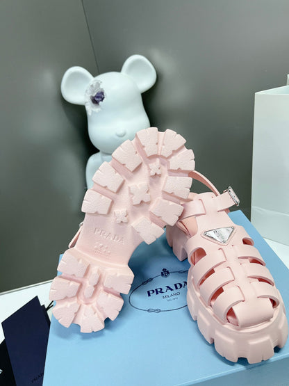 Women Baby Pink Platform Roman Fisherman Sandals Triangle Metal Logo Adjustable Ankle Buckle Casual Shoes