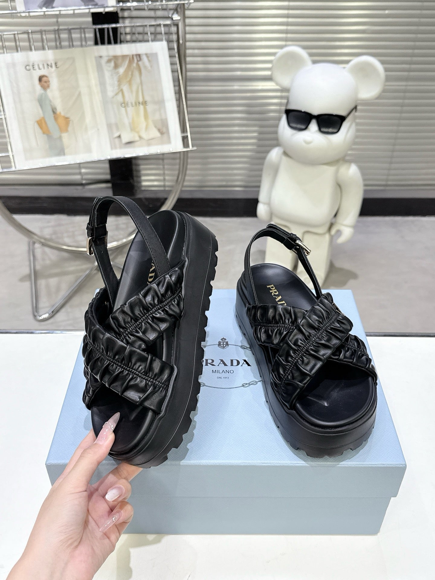 Women Black Ruched Cross Band Platform Sandals Prada Triangle Metal Logo Ankle Buckle Casual Shoes