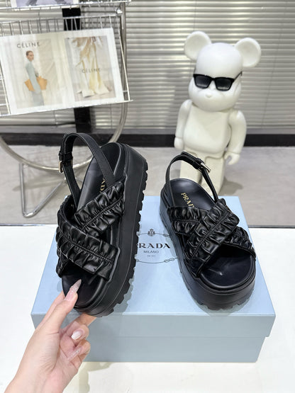 Women Black Ruched Cross Band Platform Sandals Prada Triangle Metal Logo Ankle Buckle Casual Shoes