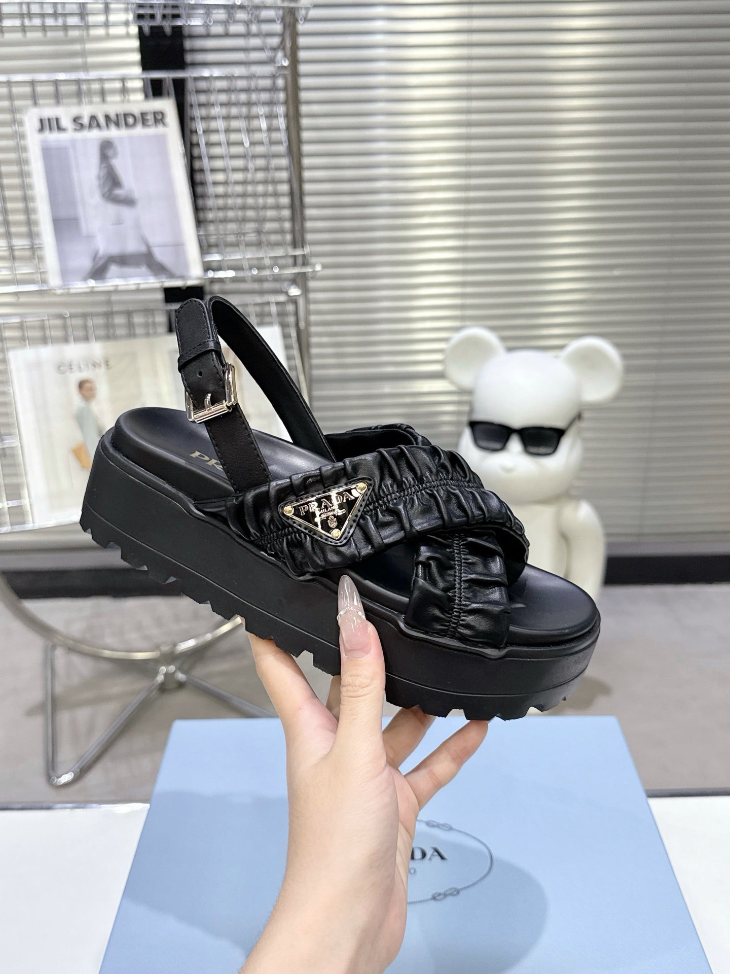 Women Black Ruched Cross Band Platform Sandals Prada Triangle Metal Logo Ankle Buckle Casual Shoes