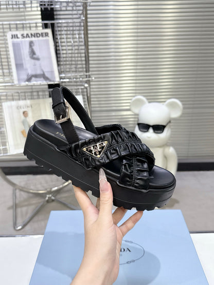 Women Black Ruched Cross Band Platform Sandals Prada Triangle Metal Logo Ankle Buckle Casual Shoes