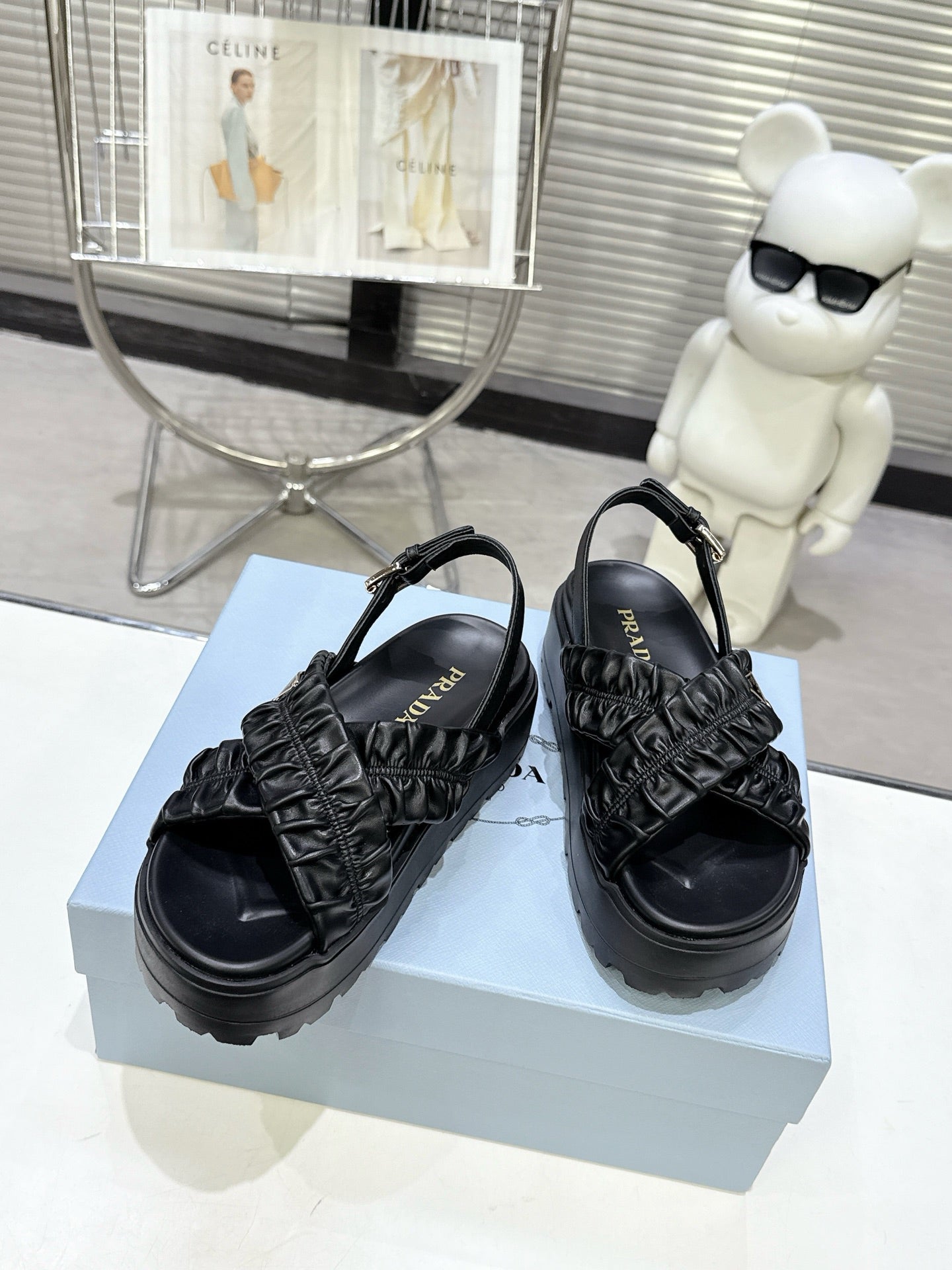 Women Black Ruched Cross Band Platform Sandals Prada Triangle Metal Logo Ankle Buckle Casual Shoes