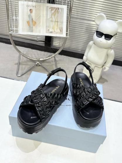 Women Black Ruched Cross Band Platform Sandals Prada Triangle Metal Logo Ankle Buckle Casual Shoes