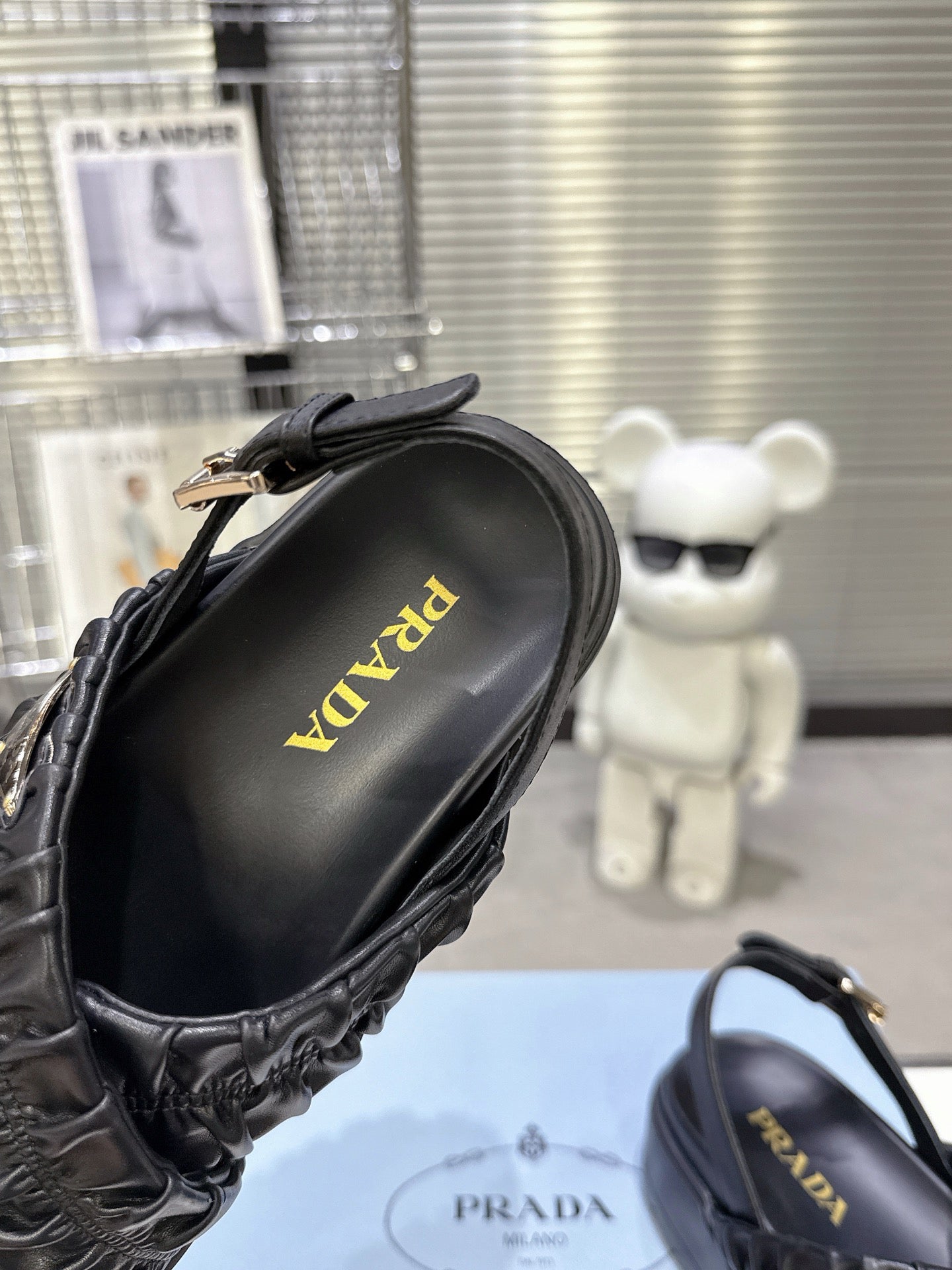 Women Black Ruched Cross Band Platform Sandals Prada Triangle Metal Logo Ankle Buckle Casual Shoes