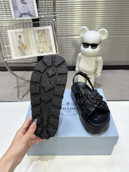 Women Black Ruched Cross Band Platform Sandals Prada Triangle Metal Logo Ankle Buckle Casual Shoes