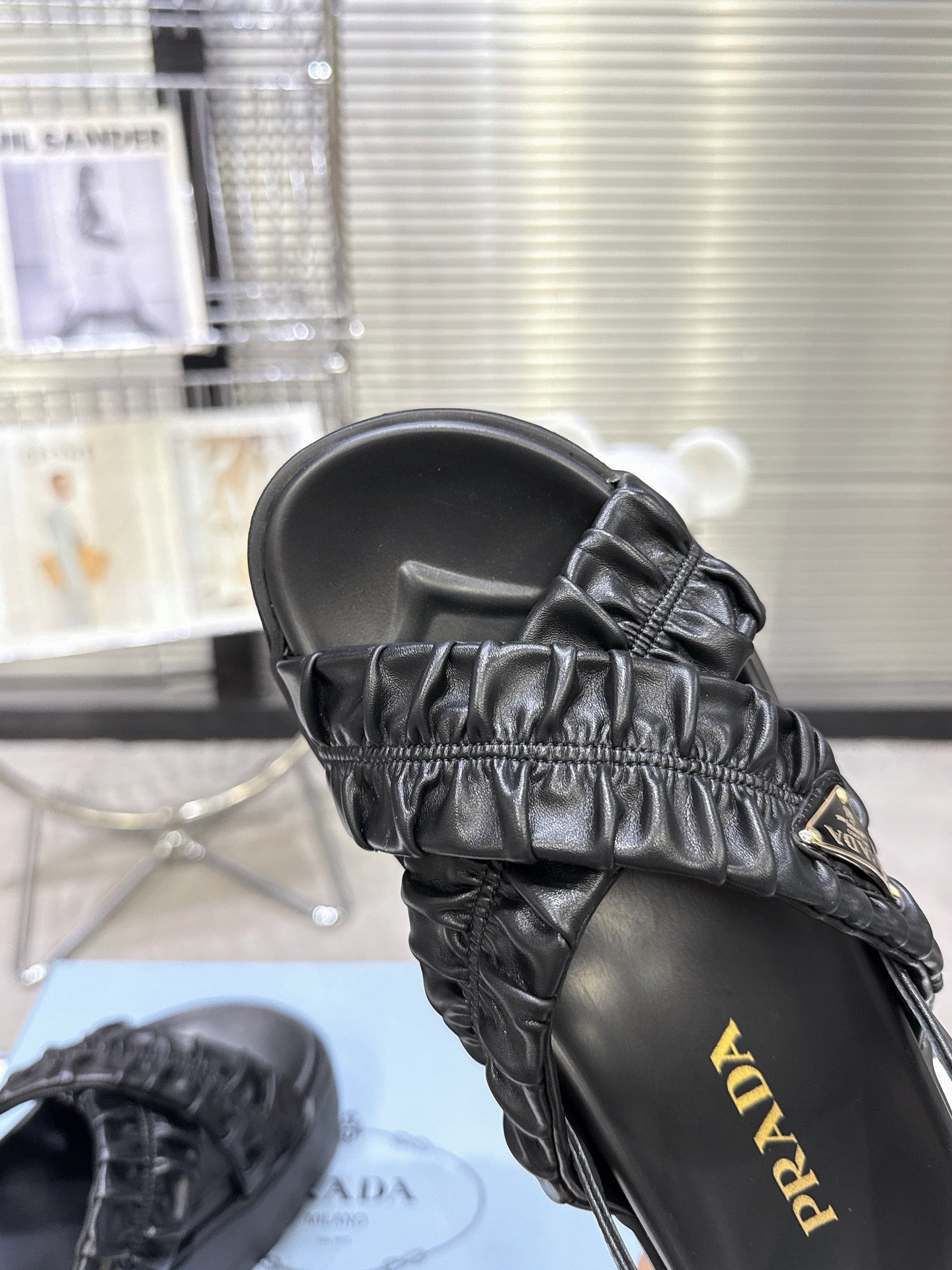 Women Black Ruched Cross Band Platform Sandals Prada Triangle Metal Logo Ankle Buckle Casual Shoes