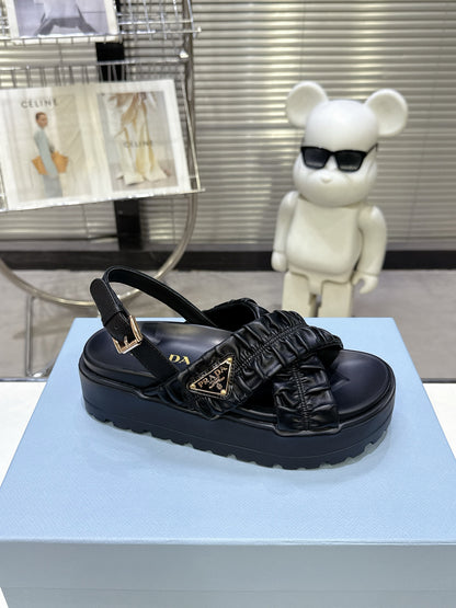 Women Black Ruched Cross Band Platform Sandals Prada Triangle Metal Logo Ankle Buckle Casual Shoes