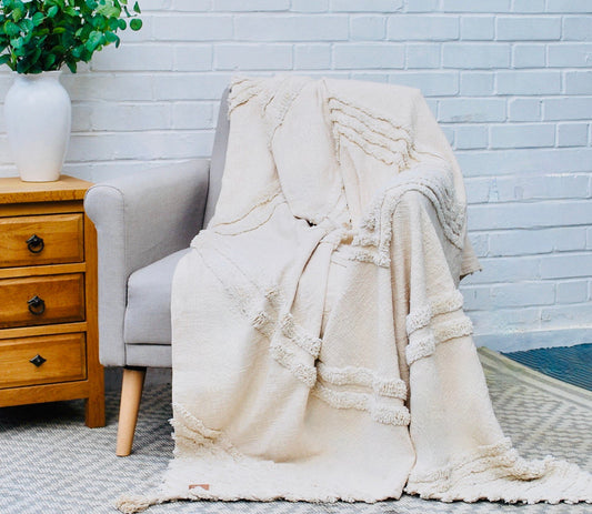 New Boho throw blanket - 100% recycled cotton hand woven.