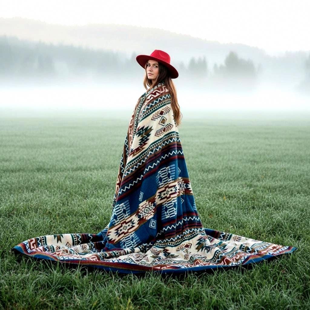 Handwoven Alpaca Blanket Queen Size – Reversible Blue Cream Southwest Aztec Throw | Rustic Cabin Bedroom Decor | Luxury Lodge Blanket Gift