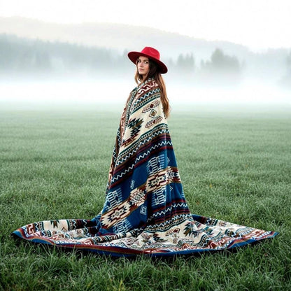 Handwoven Alpaca Blanket Queen Size – Reversible Blue Cream Southwest Aztec Throw | Rustic Cabin Bedroom Decor | Luxury Lodge Blanket Gift