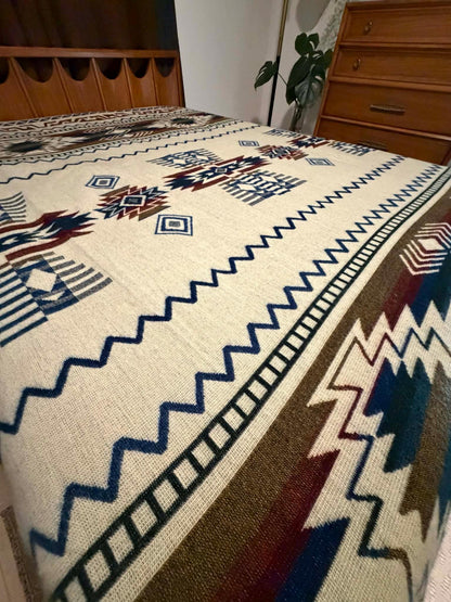 Handwoven Alpaca Blanket Queen Size – Reversible Blue Cream Southwest Aztec Throw | Rustic Cabin Bedroom Decor | Luxury Lodge Blanket Gift