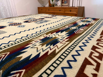 Handwoven Alpaca Blanket Queen Size – Reversible Blue Cream Southwest Aztec Throw | Rustic Cabin Bedroom Decor | Luxury Lodge Blanket Gift
