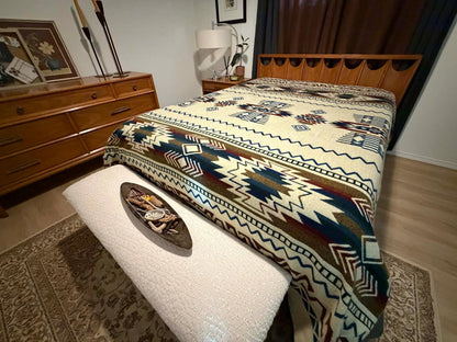 Handwoven Alpaca Blanket Queen Size – Reversible Blue Cream Southwest Aztec Throw | Rustic Cabin Bedroom Decor | Luxury Lodge Blanket Gift