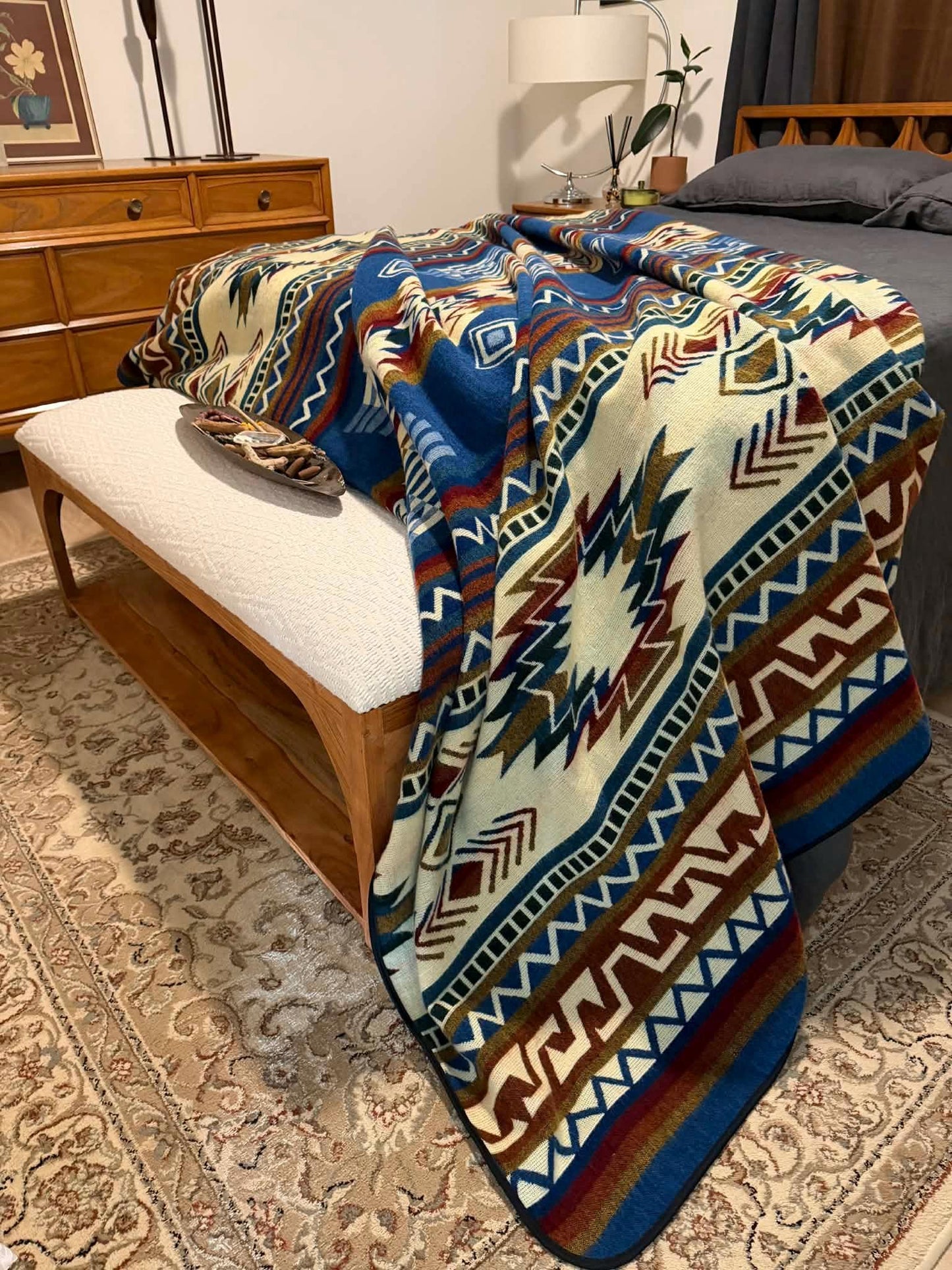 Handwoven Alpaca Blanket Queen Size – Reversible Blue Cream Southwest Aztec Throw | Rustic Cabin Bedroom Decor | Luxury Lodge Blanket Gift